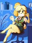 anthro breasts chair clothed clothing container crossed_legs cup detailed_background female fully_clothed furniture holding_container holding_cup holding_mug holding_object holding_pen mug office_chair pen sitting smile solo yellow_body nojimmyplz animal_crossing nintendo isabelle_(animal_crossing) canid canine canis domestic_dog mammal shih_tzu toy_dog full-length_portrait hi_res portrait