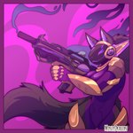 anthro armor black_body black_fur female fighting_pose fur gold_(metal) gold_armor gun machine pose purple_body purple_eyes ranged_weapon rifle smoke solo virus visor weapon minze malva_(roifantome) roifantome protogen 1:1 hi_res