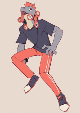 anthro black_clothing black_shirt black_topwear bottomwear clothing electronics fidget_spinner hair half-closed_eyes headgear headphones headset male narrowed_eyes orange_bottomwear orange_clothing orange_pants pants red_hair shirt slim_anthro slim_male solo tongue tongue_out topwear hemuchang amphibian frog 2022 hi_res