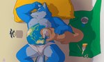 2020 anthro belly big_belly blue_body brown_body canid canine canis cellphone clothing duo earth electronics embrace hi_res hug humanoid_hands kemono lying male mammal moobs mustelid nookdae otter overweight overweight_male phone pillow planet size_difference smartphone underwear wolf world_otter_day