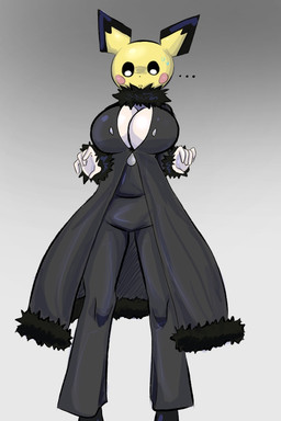 anthro black_bottomwear black_clothing black_dress black_ear_tips black_pants blush bottomwear breasts cleavage clothed clothing dipstick_ears dress ear_markings ellipsis female for_a_head fully_clothed gradient_background head_swap multicolored_ears pants pokemon_champion simple_background solo what what_has_science_done yellow_body iwantcheeseburger nintendo pokemon cynthia_(pokemon) generation_2_pokemon pichu pokemon_(species) 2025 2:3