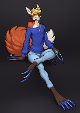 anthro black_nose blonde_hair blue_claws bottomwear cheek_tuft claws clothing denim denim_bottomwear denim_clothing facial_markings facial_tuft fluffy fluffy_tail fur gold_(metal) gold_jewelry green_eyes hair head_markings hyper_claws inner_ear_fluff jeans jewelry leg_over_thigh long_claws long_sleeve_shirt looking_aside male markings necklace one_shoulder_out orange_body orange_fur paintbrush_tail painted_claws pants simple_background sitting slim solo tail tuft ue longblueclaw canid canine fox mammal absurd_res hi_res signature