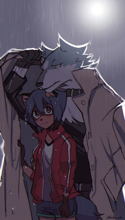 anthro belt blue_eyes blush bottomwear brown_body brown_fur clothing coat collar dripping duo female fluffy fluffy_tail fur hand_in_pocket hug interspecies jacket male male/female pockets romantic romantic_ambiance romantic_couple shorts smile standing tail topwear trenchcoat wet wet_clothing white_body white_fur unknown_artist brand_new_animal studio_trigger michiru_kagemori shirou_ogami canid canine canis mammal raccoon_dog tanuki wolf hi_res