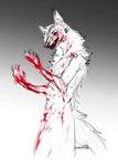 anthro back_tuft beady_eyes blood blood_on_arm blood_on_face blood_on_hand blood_on_leg bodily_fluids chest_tuft crotch_tuft featureless_crotch gradient_background inner_ear_fluff male neck_tuft nude simple_background solo standing tuft lostgoose 2023 partially_colored portrait sketch three-quarter_portrait