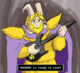 anthro armor beard blonde_hair blue_eyes cape clothed clothing crown electric_guitar facial_hair flower guitar guitar_pick hair headgear heterochromia holding_musical_instrument holding_object horn male mature_anthro mature_male musical_instrument plant playing_guitar playing_music plucked_string_instrument red_eyes solo string_instrument text atlantart undertale undertale_(series) asgore_dreemurr boss_monster_(undertale) bovid caprine mammal english_text hi_res
