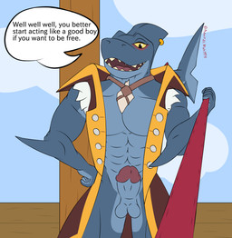 abs anthro balls blue_body blue_sky dialogue dialogue_box erection genitals good_boy jewelry leash leash_pull leashed_viewer looking_at_viewer male muscular necklace pecs penis sharp_teeth sky solo teeth text yellow_eyes admiralgus1897 dungeons_of_aether rivals_of_aether slade_(dungeons_of_aether) aquatic fish shark digital_media_(artwork) english_text hi_res signature