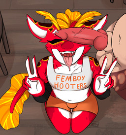 antennae_(anatomy) anthro balls big_penis black_spots blush bodily_fluids bottomwear brown_body brown_fur brown_spots bulge chair clothing duo femboy fur furniture genital_fluids genitals gesture hand_gesture high-angle_view hotpants kneeling knot knotted_penis male nails navel penis penis_on_face red_body red_fur shirt shorts spots tank_top throbbing throbbing_penis tongue tongue_out topwear v_sign vein trinitynight femboy_hooters drust_riaz hibiscus_(manokit) fish hybrid hyena mammal manokit marine shark animated