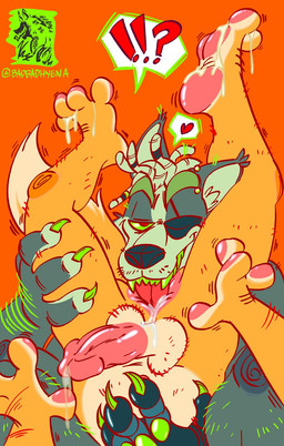 anal anthro balls bodily_fluids dreadlocks duo exclamation_point eye_patch eyewear genital_fluids genitals heart_symbol holding_leg humanoid_genitalia humanoid_penis legs_up male male/male oral penis precum prosthetic prosthetic_arm prosthetic_limb rimming sex jazlyte nintendo star_fox fox_mccloud wolf_o'donnell canid canine canis fox mammal wolf 2020 hi_res