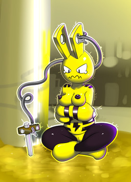 anthro biped bodily_fluids breasts crossed_arms female genitals grounded grumpy navel nipples nude outline plug pokemorph sitting slightly_chubby solo tears vulva yellow_body elpatrixf nintendo pokemon elekid generation_2_pokemon mammal pokemon_(species) 2015 digital_media_(artwork)