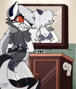 anthro bathroom big_breasts black_clothing black_legwear black_thigh_highs blue_bra blue_clothing blue_panties blue_underwear bra breasts butt cleavage clenched_teeth clothed clothed_anthro clothed_female clothing collar dressing female fingerless_gloves fur gloves grey_body grey_fur hair hair_over_eye handwear inside legwear looking_at_viewer looking_back looking_back_at_viewer mirror mirror_reflection panties rear_view red_sclera reflection solo spiked_collar spikes tail teeth thick_thighs thigh_highs tile tile_wall toilet_paper underwear underwear_only wall_(structure) white_body white_eyes white_fur starpaintart hellaverse helluva_boss mythology loona_(helluva_boss) canid canid_demon canine demon hellhound mammal mythological_canine mythological_creature 2024 absurd_res hi_res portrait three-quarter_portrait