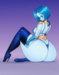 big_butt biped blue_body blue_hair breasts butt clothed clothing female footwear gradient_background hair high_heels huge_butt legwear looking_at_viewer looking_back machine not_furry shoes side_boob simple_background solo thick_thighs thigh_highs thong underwear fullmontis robot hi_res