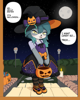 anthro blue_hair clothed clothing doorway dress female food fruit fur greeting hair holidays jack-o'-lantern open_mouth plant pumpkin solo standing text trick-or-treating young young_anthro young_female jampalanga halloween suzuna-chan_(medlichan) mammal absurd_res digital_media_(artwork) english_text hi_res