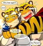 anthro biceps bodily_fluids cigarette crying duo eyewear glasses male male/male muscular nipples pecs smoke smoking standing tears text bearlovestiger13 build_tiger buttertoast felid mammal pantherine tiger 2015 english_text engrish