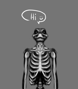 anthro glowing glowing_eyes greeting_viewer grey_background male scary simple_background skeletal smiley_face solo speech_bubble mementomoriye memento_(mementomoriye) eldritch_being eldritch_humanoid humanoid komodo_dragon lizard monitor_lizard monster reptile scalie digital_drawing_(artwork) digital_media_(artwork) greyscale hi_res monochrome