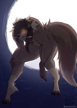 anthro big_tail bodily_fluids breasts brown_body brown_fur crouching excessive_genital_fluids excessive_vaginal_fluids female full_moon fur genital_fluids glowing glowing_eyes in_heat mane moon nude small_breasts solo standing tail vaginal_fluids yellow_eyes sopa-chan mythology ivy_flores canid canine mammal mythological_canine mythological_creature werecanid werecanine werecreature werewolf absurd_res hi_res