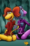 accessory bow_(feature) bow_accessory bow_ribbon butt clothed clothing duo female hair hair_accessory hair_bow hair_ribbon looking_at_viewer open_mouth orange_hair pink_body pink_skin raised_tail ribbons sitting sweater tail topwear yellow_body yellow_skin hentai_boy_(artist) fraggle_rock mokey_fraggle red_fraggle fraggle 2:3 digital_media_(artwork) signature