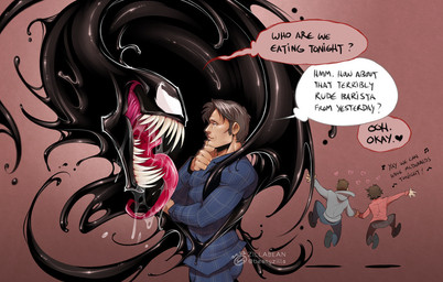 5_fingers black_body bodily_fluids brown_hair cheekbones clothed clothing drooling fingers group hair imminent_cannibalism long_tongue male not_furry open_mouth saliva sharp_teeth simple_background speech_bubble suit teeth text tongue tongue_out topwear zillabean hannibal_(series) marvel mcdonald's eddie_brock hannibal_lecter venom_(marvel) will_graham human mammal symbiote digital_media_(artwork) english_text