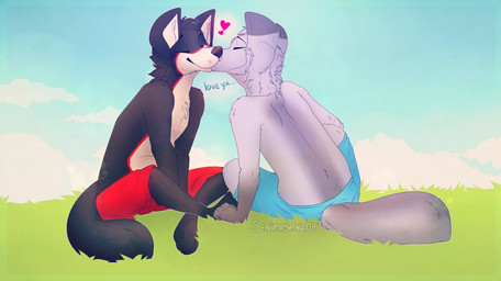 4_toes 5_fingers anthro black_body black_fur black_nose clothed clothing day detailed_background feet fingers fur grass grey_body grey_fur male outside plant sky toes topless senimasan canid canine canis mammal wolf 2015 digital_media_(artwork)