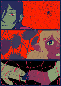 ambiguous_gender anthro blonde_hair blue_body blue_hair blue_skin bodily_fluids carnivorous_plant deer_ears deer_nose duo ear_piercing female female/ambiguous feral freckles hair hand_holding heart_symbol metal_gloves mole_under_mouth nervous nervous_sweat piercing plant red_background red_eyes ring simple_background smile snowgrave spider_web sweat symbolism venus_flytrap vines sanae_kochiyas deltarune undertale_(series) kris_dreemurr noelle_holiday arachnid arthropod deer fly_(animal) human insect mammal spider hi_res