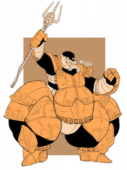 anthro belly disembodied_hand duo front_view fur knight looking_at_viewer male male_pred melee_weapon overweight polearm shield simple_background solo_focus standing teeth thick_thighs trident vore warrior weapon wide_hips psion lukis_gabros badger human mammal mustelid musteline 2015 digital_media_(artwork) full-length_portrait hi_res portrait