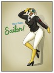 anthro border bottomless breasts clothed clothing female footwear genitals high_heels military military_uniform navy navy_uniform pose pumps pussy shoes solo suit uniform white_border fish_birb u.s._navy evy_(fish_birb) american_kestrel avian bird falcon falconid kestrel hi_res pinup