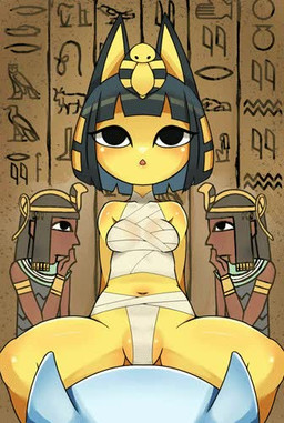anthro bandage blue_hair blush bouncing bouncing_breasts breasts butt butt_from_the_front female fur genitals hair hands_behind_back navel open_mouth partial_nudity plushie short_hair solo spread_legs spreading suggestive uraeus vulva wraps yellow_body yellow_fur poverty_(p9) animal_crossing nintendo ankha_(animal_crossing) domestic_cat felid feline felis mammal 2021 animated hieroglyphic_text low_res no_sound short_playtime video