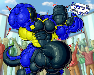 anthro balls big_balls big_bulge big_muscles bulge detailed_bulge flexing genitals group huge_balls huge_bulge huge_muscles hyper hyper_bulge hyper_muscles male muscular muscular_male onomatopoeia outside sound_effects speech_bubble text vein veiny_muscles zerozero anon background_character synth_(vader-san) english_text hi_res