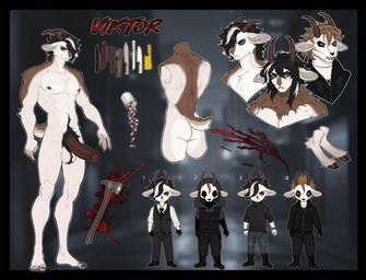 accessory anthro axe ball_tuft big_penis black_bottomwear black_clothing black_hair black_jacket black_pants black_sweater black_topwear blood bodily_fluids bottomwear brown_body brown_fur bulletproof_vest clothed clothing color_swatch denim denim_bottomwear denim_clothing drugs fire_axe fur genitals hair hood horn huge_penis jacket jeans male mask messy_hair multicolored_hair muscular muscular_male necktie nude pants penis pill_bottle pills pinstripe_vest pubes solo sweater text topwear tuft turtleneck two_tone_hair vest white_body white_fur white_hair yellow_eyes thethinghidding viktor_(vulf-sama) bovid caprine goat mammal character_name hi_res model_sheet