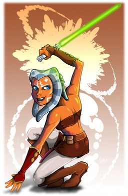 bandeau blue_eyes blue_lekku border bottomwear clothing crop_top female female_adolescent green_lightsaber holding_lightsaber holding_object holding_weapon lightsaber melee_weapon miniskirt not_furry orange_body orange_skin shirt simple_background skirt solo topwear tube_top weapon white_border white_lekku machsabre star_wars star_wars:_the_clone_wars ahsoka_tano alien humanoid togruta
