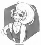2016 anthro clothed clothing doomthewolf english_text eye_patch eyewear female fin fish gills hair hi_res long_hair looking_at_viewer marine monochrome ponytail scales sharp_teeth shirt simple_background sketch smile solo tank_top teeth text topwear undertale undertale_(series) undyne url white_background