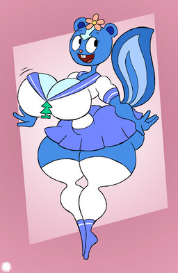 4_fingers anthro anthrofied asian_clothing bar_emanata big_breasts big_butt blue_body blue_fur bottom_heavy bottomwear breast_jiggle breasts bubble_butt buckteeth butt clothing countershade_breasts countershade_face countershade_tail countershading curvy_figure east_asian_clothing emanata eyelashes female fingers flower_on_head footwear fur geometric_background heart_nose heart_symbol huge_breasts huge_hips huge_thighs hyper hyper_hips japanese_clothing japanese_school_uniform jiggling legwear logo open_mouth open_smile school_uniform serafuku shoes simple_background skirt smile socks solo spherical_breasts tail teeth text thick_thighs thigh_highs thigh_socks uniform wide_hips thatdawgmurray happy_tree_friends petunia_(htf) mammal mephitid skunk aliasing artist_logo artist_name digital_media_(artwork) hi_res signature