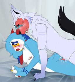 1_eye anal anal_penetration anthro blue_markings blush butt cheek_tuft claws countershade_face countershade_torso countershading doggystyle duo facial_markings facial_tuft finger_claws fingerless_(marking) fingerpads fluffy from_behind_position genitals grin head_markings herm horn intersex intersex/male looking_pleasured male markings mastectomy_scar multi_eye nipple_piercing nipples pawpads penetration penis photo_background piercing purple_markings red_nose scar sex shaking sharp_teeth smile tear_(marking) teeth teeth_showing thrust_lines toony tuft white_body white_countershading yellow_sclera puppybugs anchovy_(puppybugs) eden_(puppybugs) canid canine cychien mammal absurd_res hi_res mixed_media photography_(artwork)