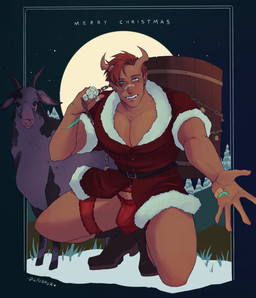 2_horns band-aid bandage bandaged_finger belt boots brown_hair bulge chain christmas_clothing clothed clothing coat crossdressing_male duo fangs femboy feral footwear hair holidays hooves horn kneeling lingerie male markings muscular muscular_male not_furry_focus on_one_knee panties pecs shoes smile snow stripes teeth topwear underwear karina_farek christmas drawfee_(copyright) luce_(karina_farek) bovid caprine goat horned_humanoid humanoid mammal digital_media_(artwork) hi_res