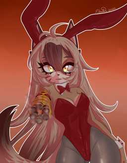 aiming_at_viewer amber_eyes anthro bow_tie clothing cuff_(restraint) fake_ears fake_rabbit_ears female fur gatling_gun gun gun_arm hair legwear long_hair machine_gun markings minigun pointy_ears ranged_weapon red_markings restraints smoke smoking_gun solo tan_body tan_fur topwear weapon weapon_arm wrist_cuffs niitre siem_the_kitsune canid canine fox mammal hi_res
