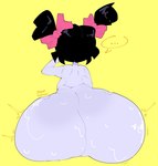 accessory anthro big_butt black_hair bodily_fluids bottom_heavy bow_ribbon butt butt_focus ellipsis female hair hair_accessory hair_bow hair_ribbon huge_butt hyper hyper_butt multi_arm multi_limb pigtails purple_body rear_view ribbons simple_background sitting solo speech_bubble sweat sweaty_butt yellow_background moonoatmeal undertale undertale_(series) muffet arachnid arthropod spider archived_source digital_drawing_(artwork) digital_media_(artwork) hi_res signature unavailable_at_source