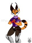 anthro bare_shoulders belt blue_eyes bottomwear breasts brown_belt brown_bottomwear brown_clothing brown_pants clothing cutout ear_piercing ear_ring female fur hands_together leg_armor logo looking_at_viewer orange_body orange_fur pants piercing pilot pilot_uniform purple_clothing purple_shirt purple_topwear raised_tail ring_piercing science_fiction shirt shoulder_cutout simple_background solo standing tail topwear uniform white_background psychorodent nintendo star_fox star_fox_2 miyu_(star_fox) felid feline lynx mammal artist_logo artist_name hi_res watermark