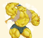 backwards_hat big_muscles bodily_fluids bulge clothing food hat headgear headwear huge_muscles male muscular muscular_humanoid muscular_male nipples not_furry one_eye_closed open_mouth pecs simple_background solo standing sweat tan_background yellow_body dumbandgreen league_of_legends riot_games tencent zac_(lol) zesty_dip_zac goo_creature goo_humanoid humanoid 2024 absurd_res hi_res