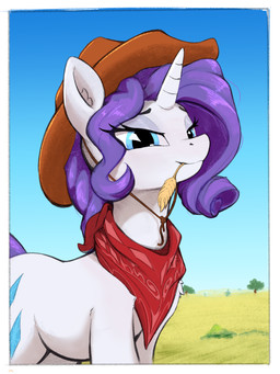 blue_eyes clothing cowboy_hat cutie_mark day eyebrows eyelashes female feral fur hair hankerchief hat hay headgear headwear horn long_hair looking_at_viewer outside purple_hair purple_tail quadruped solo tail white_body white_fur rnghat friendship_is_magic hasbro my_little_pony mythology rarity_(mlp) equid equine mammal mythological_creature mythological_equine unicorn 3:4 absurd_res hi_res