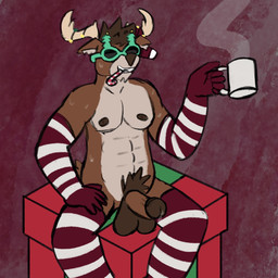 anthro antlers armwear balls big_balls big_penis bodily_fluids candy candy_cane christmas_clothing clothing container cup dessert dripping elbow_gloves food genital_fluids genitals gift gloves handwear holidays horn leggings legwear male mug penis precum precum_drip pubes solo sweat sweatdrop anonymous_artist christmas epic_games fortnite dolph_(fortnite) deer mammal 1:1 hi_res sketch