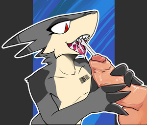 4_fingers barcode blue_background bodily_fluids cum cum_in_mouth cum_inside dipstick_fingers ejaculation fingers foreskin fur genital_fluids genitals glans grey_body grey_fur handjob humanoid_genitalia humanoid_penis open_mouth open_smile penile penis red_eyes sex sharp_teeth simple_background smile tan_body tan_fur teeth dep rayce_speedster kobold scalie hi_res
