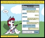 age_regression anthro black_border border canid canine canis cellphone clothed clothing collaboration comic diaper domestic_dog electronics english_text green_eyes hair husky kammypup kammypup_(artist) mammal nordic_sled_dog phone red_hair runt_(artist) solo spitz text toddler white_diaper young