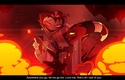 anthro caption destroyed destroyed_building destruction destruction_of_property detailed_background dialogue duo eye_contact fire fur grey_body grey_fur grey_hair hair holding_another horn looking_at_another male red_eyes short_hair singing smile standing text wall_(structure) white_face white_text yellow_eyes teathekook hellaverse helluva_boss blitzo_(helluva_boss) stolas_(helluva_boss) avian bird imp owl owl_demon hi_res