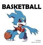 ambiguous_gender anthro ball bandai_namco basketball basketball_(ball) blue_body clothing digimon digimon_(species) dribbling horn op7804620 red_eyes shirt simple_background solo tank_top topwear veemon white_background