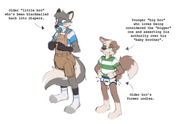 ageplay ambiguous_gender anthro band-aid band-aid_on_face band-aid_on_nose bandage bandage_on_face bandage_on_nose black_body black_ear_tips black_fur black_nose blackmail blue_band-aid blue_pacifier blush blush_lines blush_stickers brown_body brown_clothing brown_fur brown_overalls brown_tail clean_diaper clothed clothing diaper diaper_under_clothing dipstick_ears dipstick_tail directional_arrow duo ear_markings floppy_ears footwear frown fur gloves_(marking) grey_body grey_ears grey_fur grey_tail hands_on_hips index_to_index larger_sub leg_markings looking_at_another looking_down looking_down_at_another looking_up looking_up_at_another markings multicolored_body multicolored_ears multicolored_fur narrowed_eyes object_in_mouth overalls pacifier pacifier_in_mouth pattern_clothing pattern_shirt pattern_topwear pink_inner_ear roleplay shirt simple_background size_difference smile socks socks_(marking) standing striped_clothing striped_shirt striped_topwear stripes submissive tail tail_between_legs tail_markings tan_body tan_fur tan_inner_ear tan_tail tan_tail_tip text three-quarter_view topwear two_tone_body two_tone_fur two_tone_tail underwear wearing_diaper white_background young foxehhyz austin_(babdotcom) pakun canid canine canis domestic_dog mammal wolf english_text hi_res