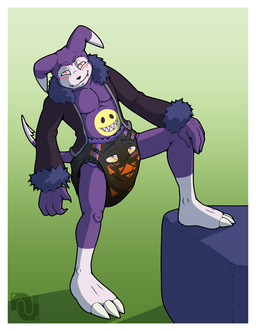 black_diaper blush blush_lines bodily_fluids border claws clean_diaper clothed clothing coat diaper diaper_transformation fangs feces finger_claws full_diaper fur_lined_clothing fur_lined_jacket genital_fluids hand_on_leg looking_at_another male markings orange_markings pattern_diaper plantigrade pooping purple_body purple_eyes raised_leg red_eyes simple_background smiley_face soiled_diaper soiling soiling_diaper teeth toe_claws tongue tongue_out topwear unclean_diaper urine used_diaper using_diaper wearing_diaper wet_diaper wetting wetting_diaper white_border white_markings nenanauso bandai_namco digimon toei data_(datahazard64) animate_inanimate diaper_creature digimon_(species) dire_animate_inanimate guilmon impmon cel_shading hi_res shaded