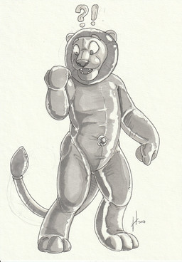 anthro exclamation_point fangs featureless_crotch front_view glistening glistening_body implied_transformation inflatable male male_anthro mane nude open_mouth question_mark solo standing tail tail_tuft teeth tuft hufnaar animate_inanimate felid lion living_inflatable mammal pantherine 2017 absurd_res dated full-length_portrait hi_res monochrome portrait