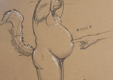 anthro belly duo humanoid_hands male navel_poke nude_anthro nude_male offscreen_character overweight overweight_anthro overweight_male raised_arms solo_focus standing text vortis canid canine fox mammal red_fox true_fox 2026 english_description english_text graphite_(artwork) hi_res traditional_media_(artwork)