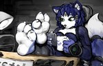 3_toes anthro barefoot cellphone chair coffee_mug desk electronics feet feet_on_desk female foot_focus foot_on_table furniture holding_object holding_phone on_chair paws phone sitting sitting_on_chair soles solo table toes cycadaacolyte nintendo star_fox starfox_assault krystal_(star_fox) canid canine fox mammal