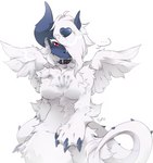 anthro bell blue_claws blue_face blue_horn breasts claws collar ellipsis eyelashes featureless_breasts female fluffy fur hair hand_on_lap hand_print heart_symbol horn long_hair long_tail paws red_eyes simple_background solo tail tail_fluff white_background white_body white_eyelashes white_fur white_hair white_tail white_wings wings typh mythology nintendo pokemon dragon generation_6_pokemon hybrid mega_absol mega_evolution mythological_creature mythological_scalie pokemon_(species) scalie signature