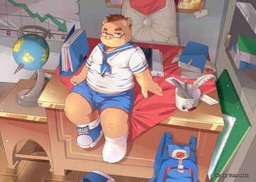 anthro belly biped blush bottomwear clothing detailed_background eyewear glasses humanoid_hands male shirt shorts sitting slightly_chubby solo topwear young tanno_maru mammal suid suine sus_(pig) wild_boar 2015